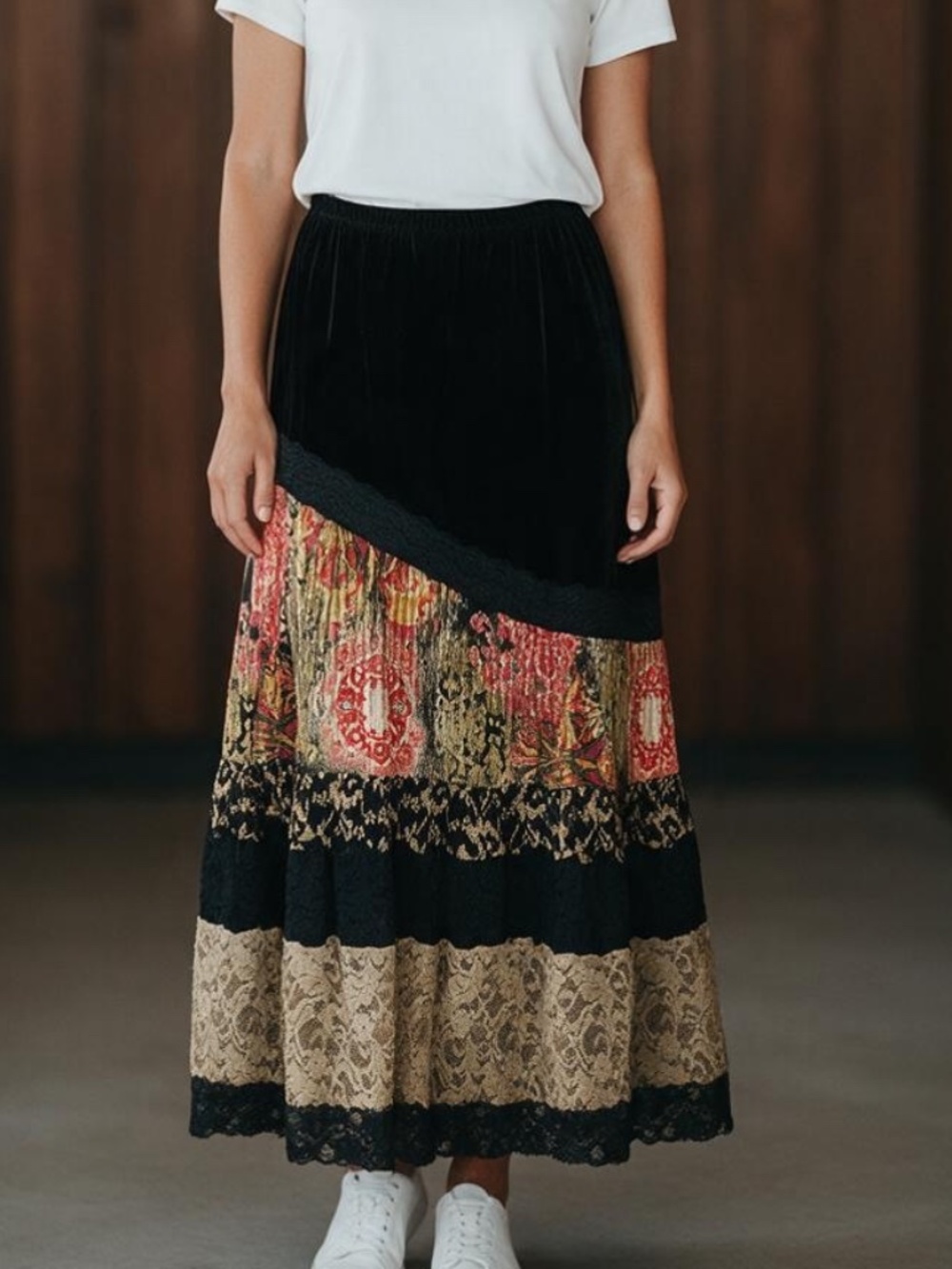 Coldwater Creek Black Velvet Assymetrical Patchwork Lace Boho Maxi Skirt SZ XL